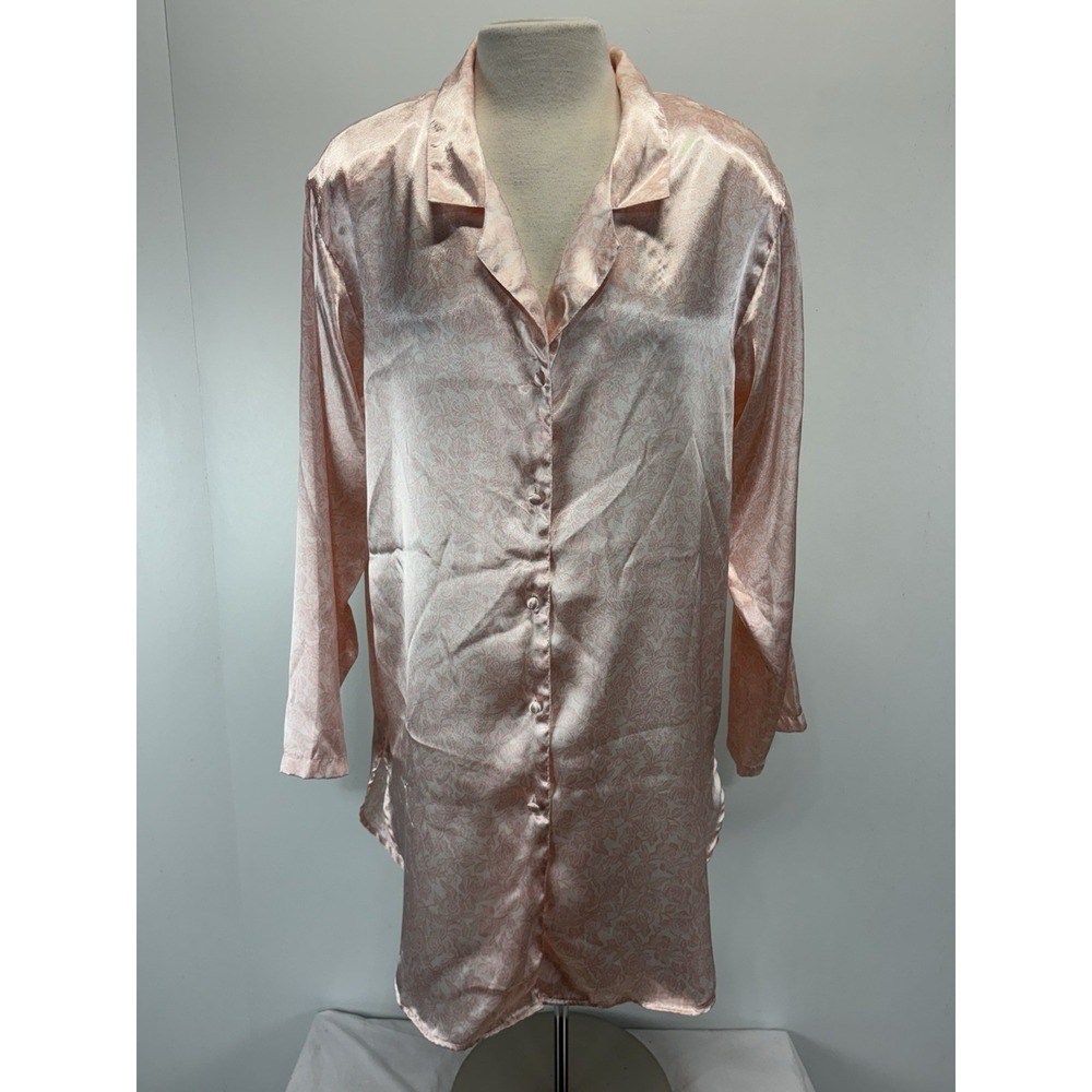 Vtg Cacique Lingerie Satin Sleep Shirt Nightgown Sz Large Pink White Floral 90s